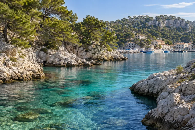 Calanque et petit port de pêche de la Côte Bleue, eau turquoise et pins d'Alep