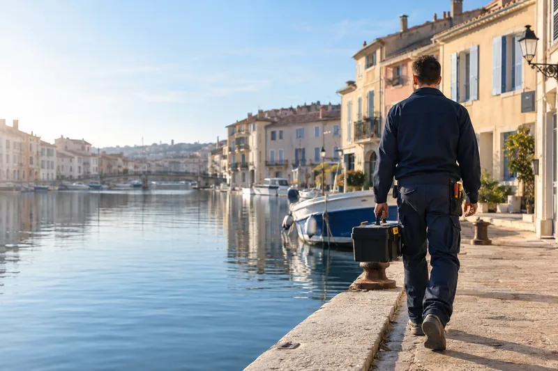 Électricien rejoignant à pied un chantier du centre ancien de Martigues, le long d'un canal