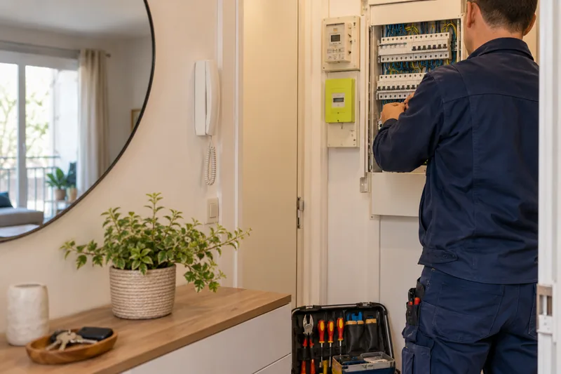 Électricien intervenant sur le tableau électrique d'une entrée de maison à Istres