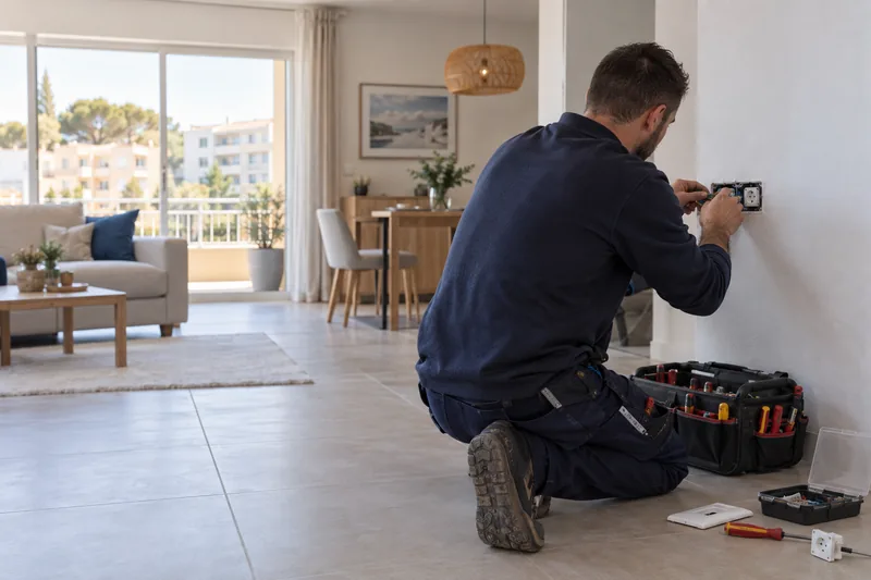 Électricien contrôlant une prise dans le séjour d'une maison d'Istres
