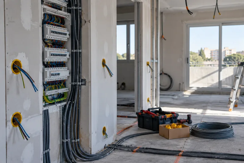 Tableau électrique neuf et gaines en attente sur un chantier à Istres