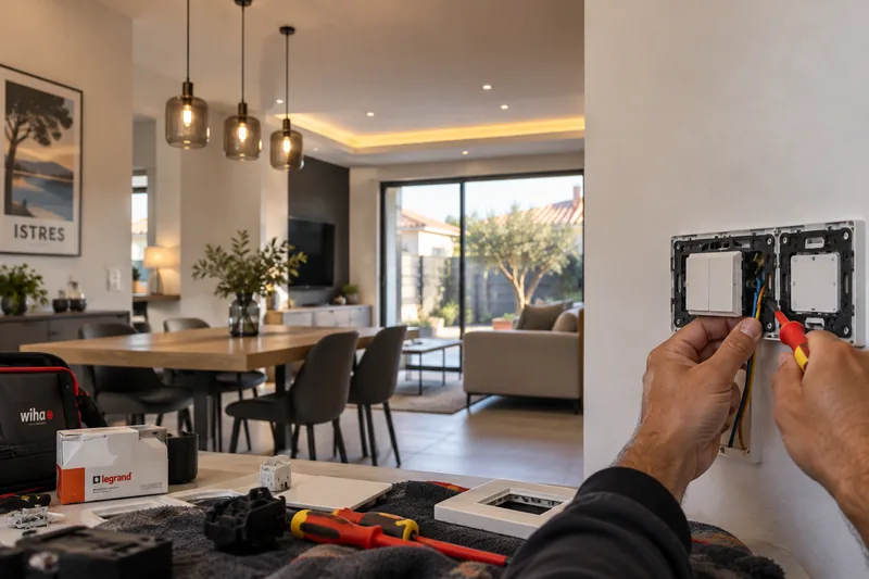 Contrôle d'une prise électrique dans un séjour rénové à Martigues