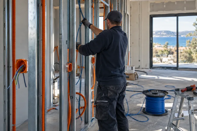 Gaines électriques et boîtes d'encastrement posées avant fermeture des cloisons