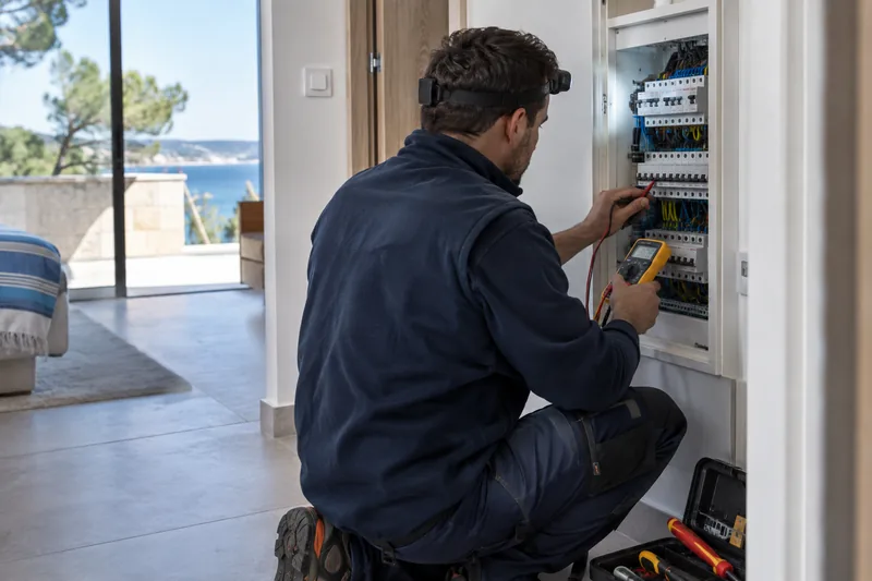 Mesure d'isolement d'un circuit électrique devant un tableau ouvert