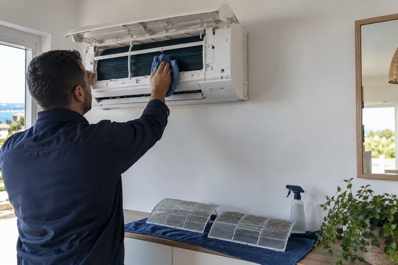 Entretien d'une climatisation : filtres déposés et unité ouverte