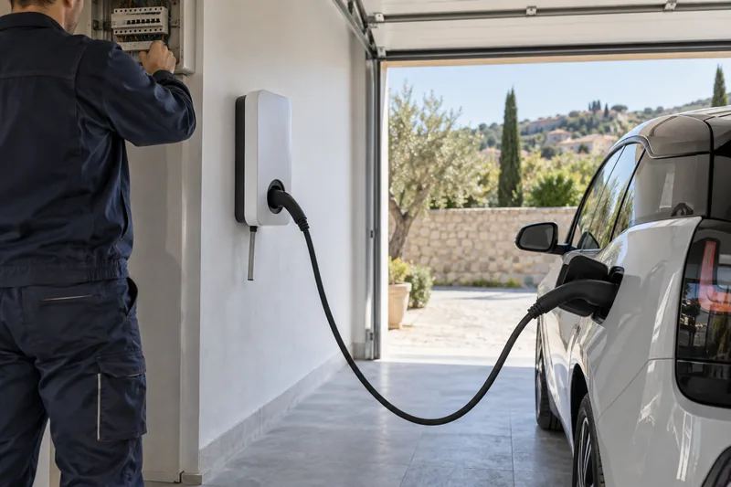 Borne murale de recharge et câble branché sur une voiture électrique, dans un garage