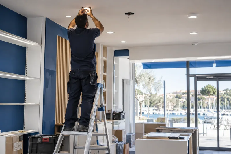 Local commercial en aménagement, éclairage encastré en cours de pose