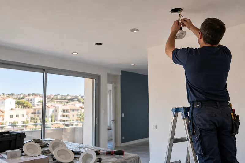 Électricien posant un luminaire au plafond d'un appartement à Martigues